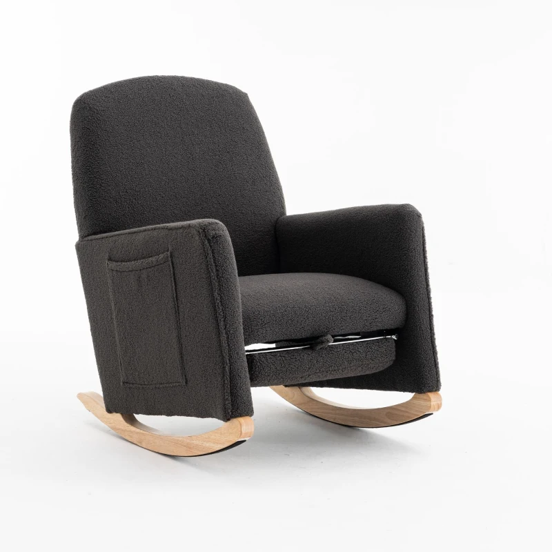 Sedia a dondolo con poggiapiedi e schienale alto, in tessuto Teddy, 67x96-127x96 cm, Grigio Scuro
