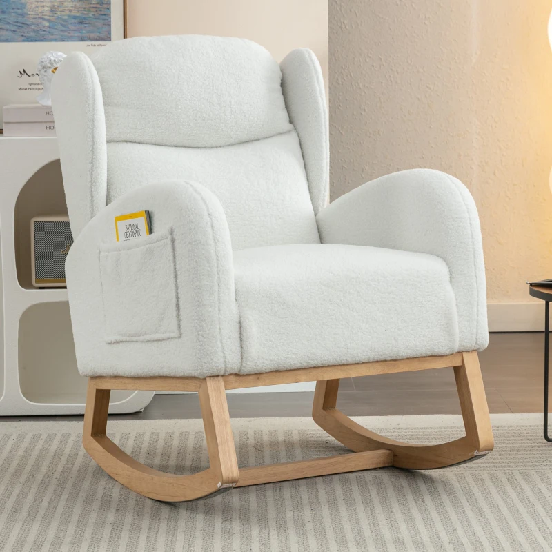 Fauteuil à bascule moderne avec revêtement en tissu Teddy, fauteuil à oreilles avec design ergonomique à dossier en aile, pour salon et chambre, 71x96,5x101 cm, Blanc