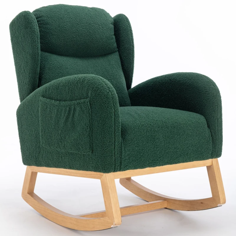 Sedia a dondolo moderna rivestita in tessuto Teddy con design ergonomico a schienale alto, per soggiorno e camera da letto, 71x96.5x101 cm, Verde