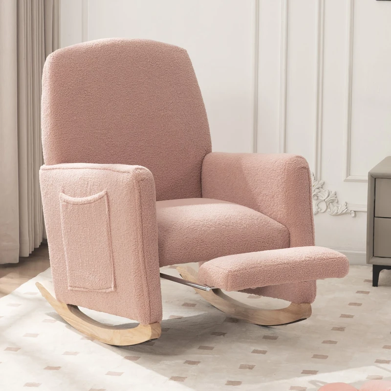 Sedia a dondolo con poggiapiedi e schienale alto, in tessuto Teddy, 67x96-127x96 cm, Rosa