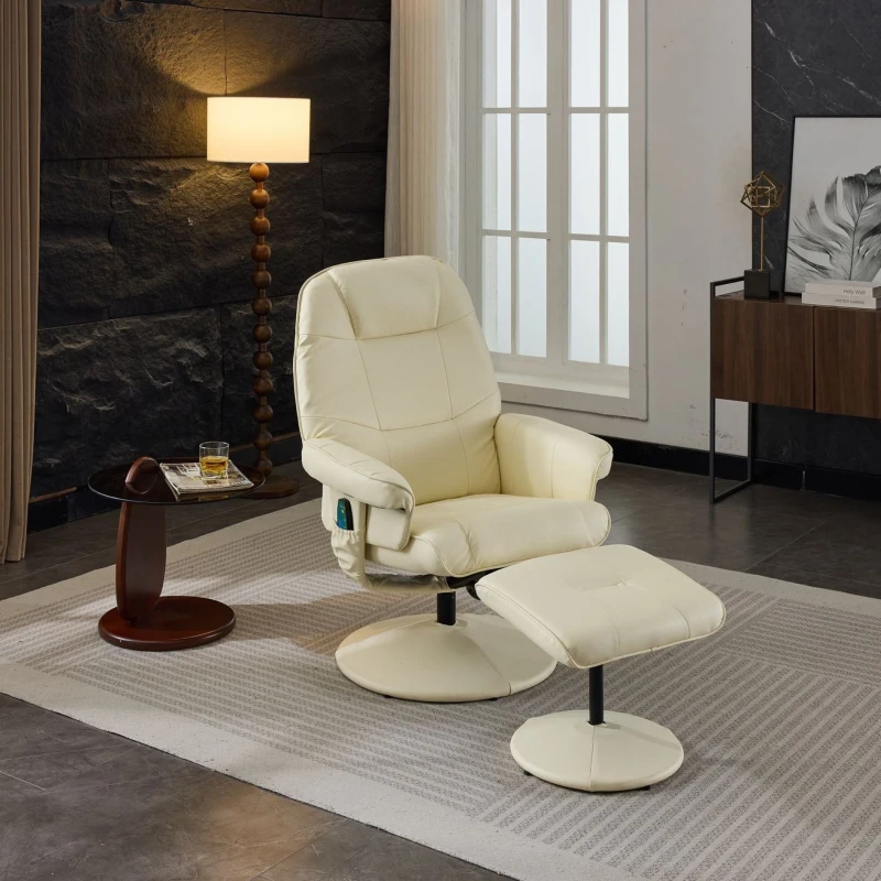 Fauteuil de massage avec fonction d'inclinaison, fauteuil relax en tissu PU, rotation à 360°, chauffage & repose-pieds, 75x79,5x107 cm, Beige
