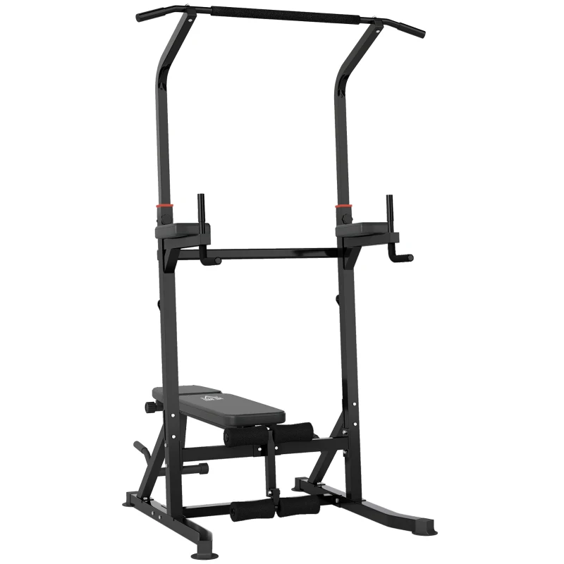 HOMCOM Estación de Musculación Torre de Entrenamiento Altura Ajustable con Barra de Dominadas y Banco Plegable para Fitness en Casa Gimnasio Carga 150 kg 99x178x230 cm Negro