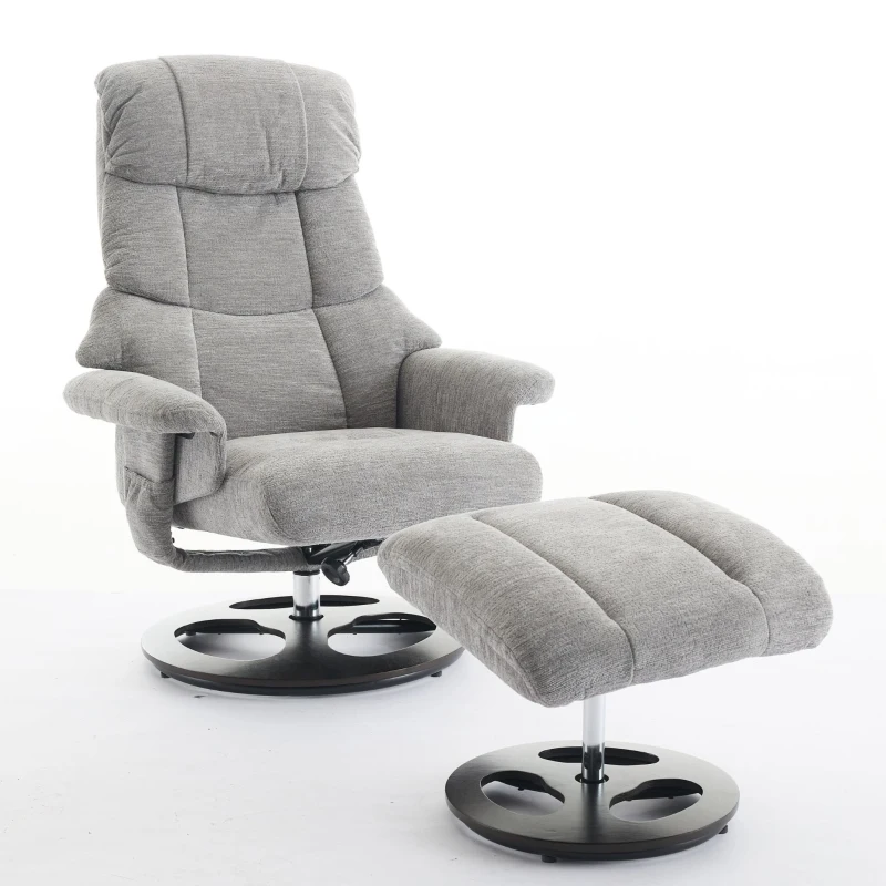 Poltrona relax girevole con funzione massaggiante e riscaldante, schienale e poggiapiedi regolabili, in chenille, 81x83.5x111 cm, Grigio