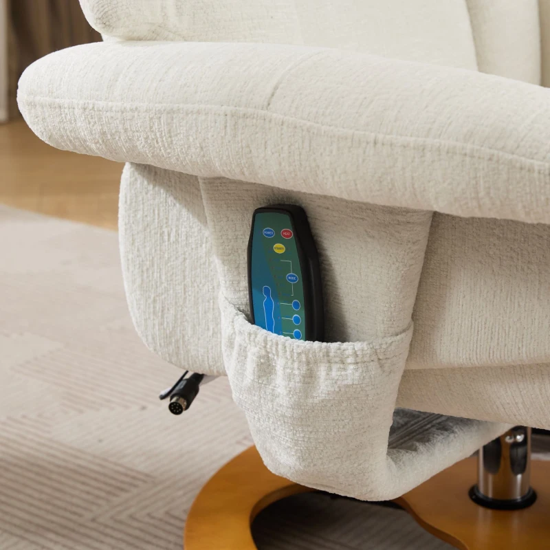 Fotoliu confortabil de relaxare cu funcție de masaj și încălzire, rotativ la 360°, spătar reglabil și taburet, material chenille, 81x83,5x111 cm, Alb