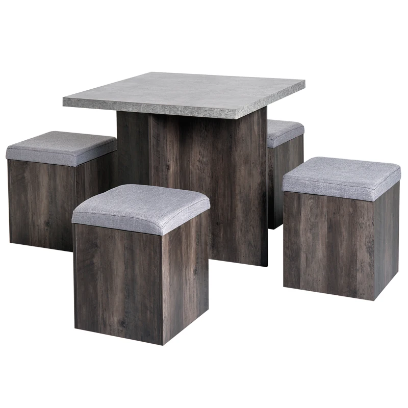 HOMCOM 5 piece Dining Set, Dining Table and 4 Storage Ottoman Stools with Cushions, Space Saving Design, Grey