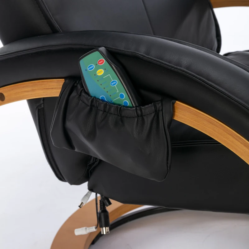 Poltrona massaggiante a 5 punti con base in legno curvato e rivestita in pelle PU, 67x85x103 cm, Nero