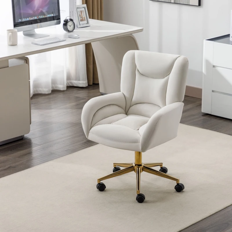 Silla Giratoria Ajustable en Altura en Tela de Terciopelo con Patas Doradas Diseño Ergonómico para Oficina y Dormitorio 62x64x88-97 cm Marfil