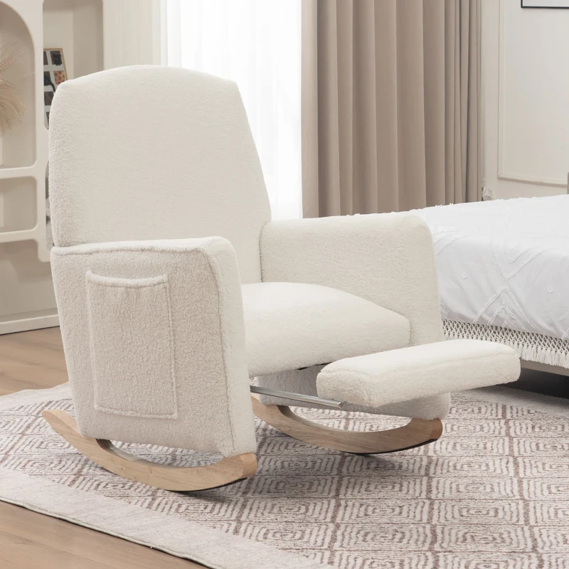 Scaun balansoar cu taburet, fotoliu de relaxare cu spătar înalt, material Teddy, 67x96-127x96 cm, Alb