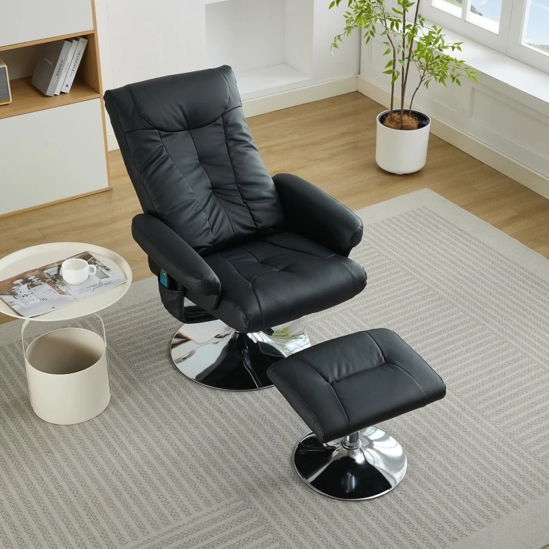 Poltrona relax, reclinabile e massaggiante a 5 punti, con funzione di riscaldamento elettrico e poggiapiedi, girevole a 360°, in tessuto PU, 75x76x103 cm, Nero