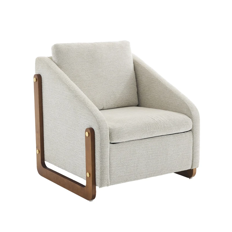 Moderner Akzentstuhl für Wohnzimmer, Loungesessel mit Holzarmlehnen und Rückenkissen, Chenillestoff, 73,5x73,5x73,5 cm, Beige