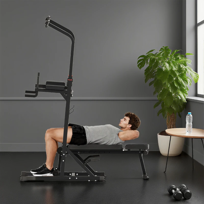 HOMCOM Station de musculation Fitness entrainement complet - barre de traction, à dips, banc de musculation pliable, poignées push-up  - acier noir