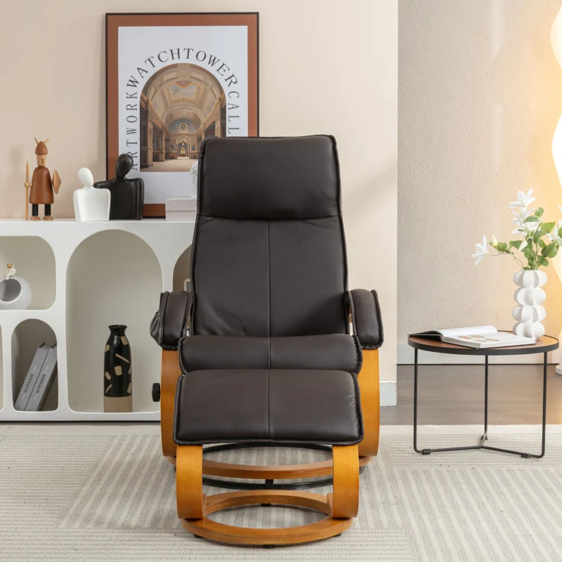 Poltrona massaggiante a 5 punti con base in legno curvato e rivestita in pelle PU, 67x85x103 cm, Marrone