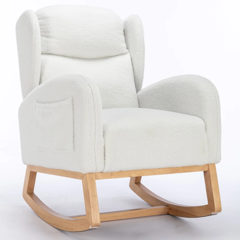 Scaun balansoar modern cu husă din material Teddy, fotoliu cu design ergonomic cu spătar înalt, pentru living și dormitor, 71x96,5x101 cm, Alb