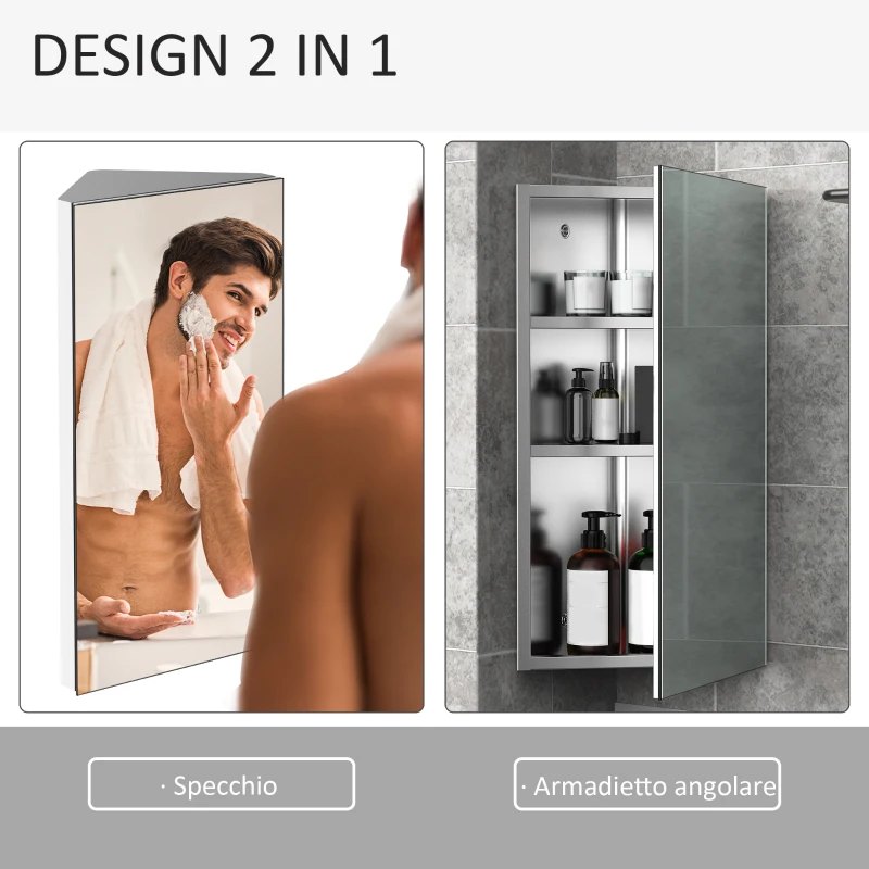HOMCOM Armadietto Angolare Bagno in Acciaio Anta a Specchio Chiusura Magnetica 3 Ripiani Salvaspazio 60x30x18.4cm