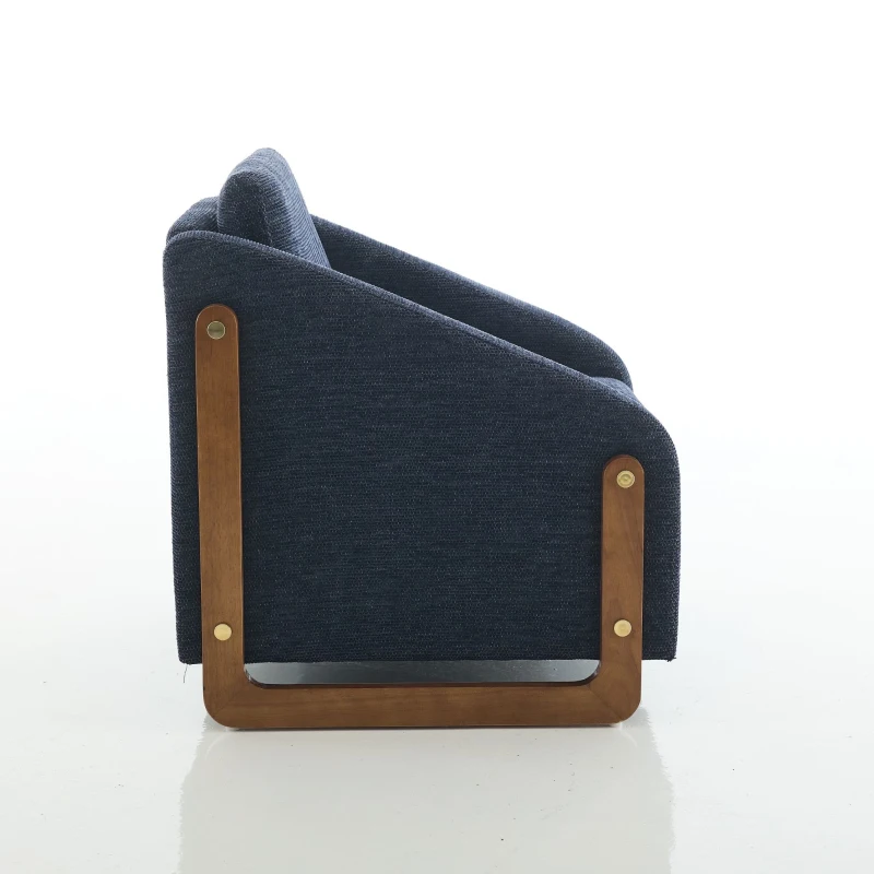 Fauteuil au style moderne pour salon, avec accoudoirs en bois et coussin de dossier, tissu chenille, 73,5x73,5x73,5 cm, Bleu