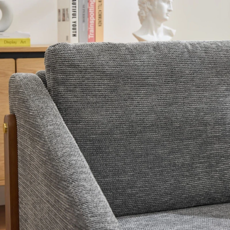 Fauteuil au style moderne pour salon, avec accoudoirs en bois et coussin de dossier, tissu chenille, 73,5x73,5x73,5 cm, Gris