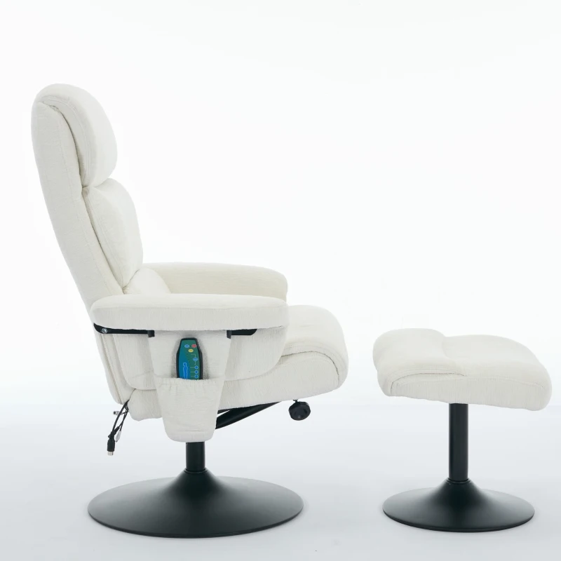 Fauteuil relax avec fonction d'inclinaison et massage 5 points, fauteuil TV avec fonction de chauffage électrique et repose-pieds, pivotant à 360°, tissu chenille, 75,5x77x100 cm, Blanc