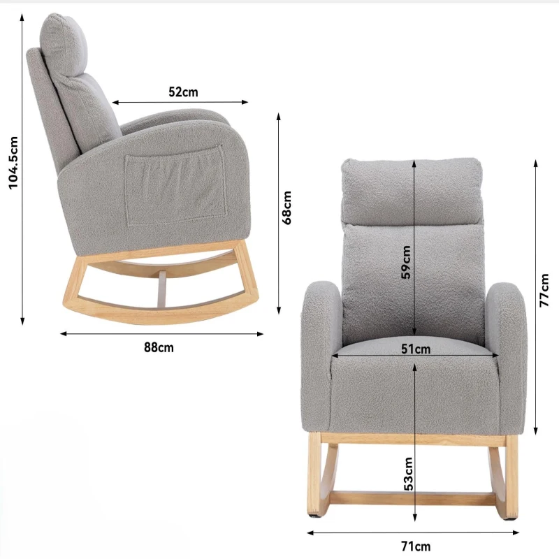 Sedia a dondolo moderna rivestita in tessuto Teddy con design ergonomico a schienale alto, per soggiorno e camera da letto, 71x96.5x101 cm, Grigio Chiaro