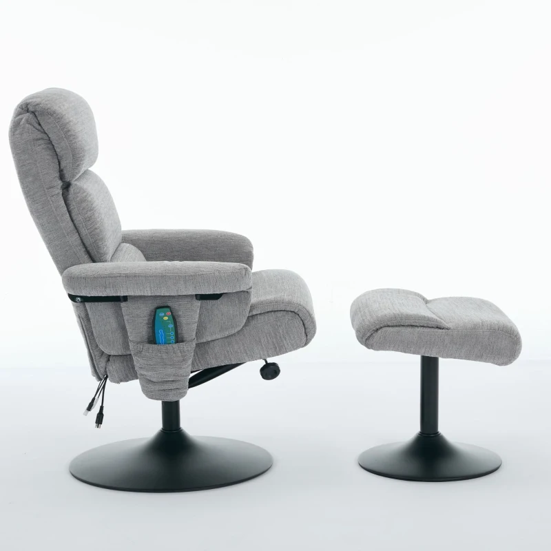 Fotoliu de relaxare cu funcție de înclinare și masaj în 5 puncte, fotoliu TV cu funcție de încălzire electrică și taburet, rotativ 360°, material chenille, 75,5x77x100 cm, Gri