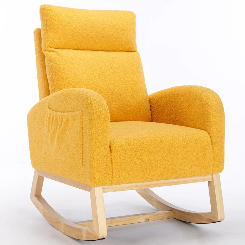 Moderner Schaukelstuhl aus Teddy-Stoff, mit gepolsterter Sitzfläche und versteckter Seitentasche, für Wohnzimmer und Schlafzimmer, 71x88x104,5 cm, Gelb