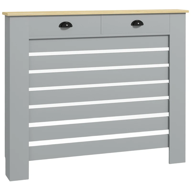 HOMCOM Lamellenheizkörperverkleidung aus MDF, Gitterverkleidung mit 2 Schubladen, 111x19x95,5 cm, Grau