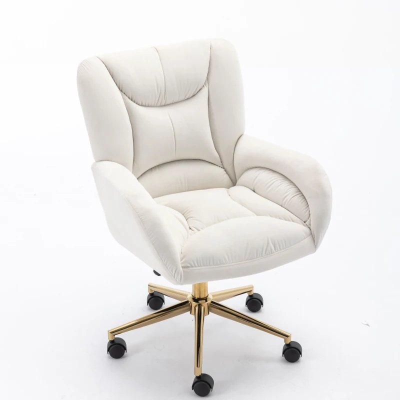 Silla Giratoria Ajustable en Altura en Tela de Terciopelo con Patas Doradas Diseño Ergonómico para Oficina y Dormitorio 62x64x88-97 cm Marfil