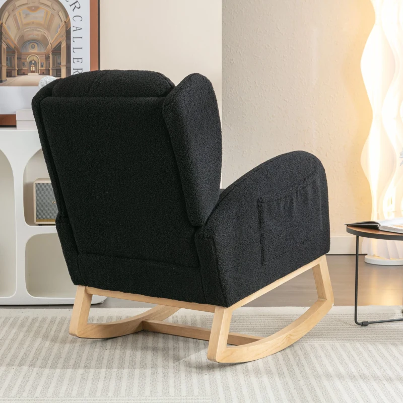 Fauteuil à bascule moderne avec revêtement en tissu Teddy, fauteuil à oreilles avec design ergonomique à dossier en aile, pour salon et chambre, 71x96,5x101 cm, Noir