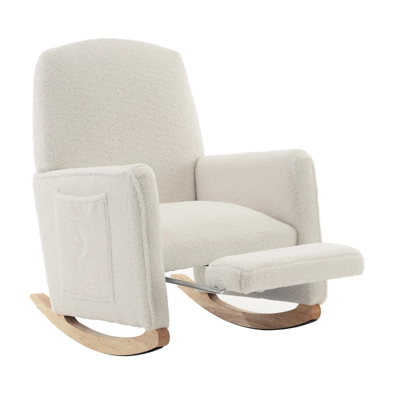 Schaukelstuhl mit Hocker, Relaxsessel mit hoher Rückenlehne, Teddy-Stoff, 67x96-127x96 cm, Weiß