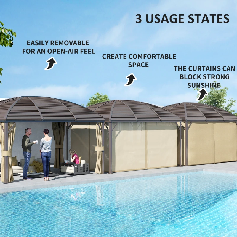 Outsunny 3 x 4m Hardtop Gazebo Canopy with Metal Roof, Aluminium Gazebo Permanent Pavilion with Netting and Curtains, Brown
