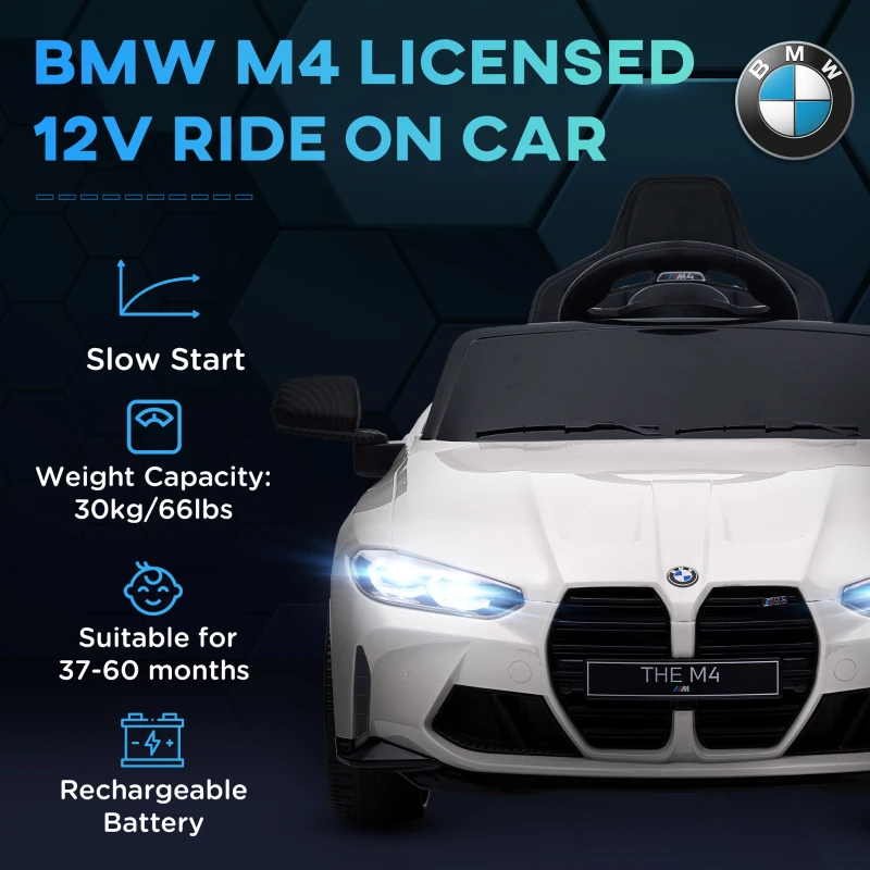 AIYAPLAY Mașină Electrică pentru Copii BMW, Alimentat cu Baterie, cu Telecomandă, Suspensie, Muzică, Claxon, Lumini LED, 108x69.5x51 cm, Alb