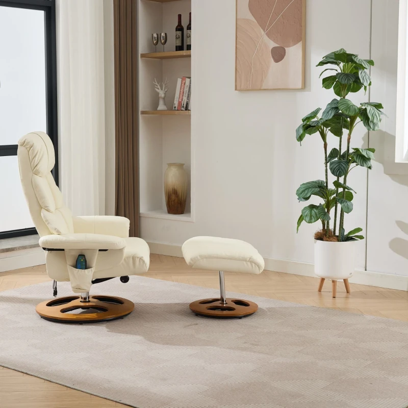 Poltrona relax girevole con funzione massaggiante e riscaldante, schienale e poggiapiedi regolabili, in tessuto PU, 81x83.5x111 cm, Bianco