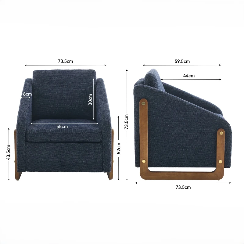 Fauteuil au style moderne pour salon, avec accoudoirs en bois et coussin de dossier, tissu chenille, 73,5x73,5x73,5 cm, Bleu