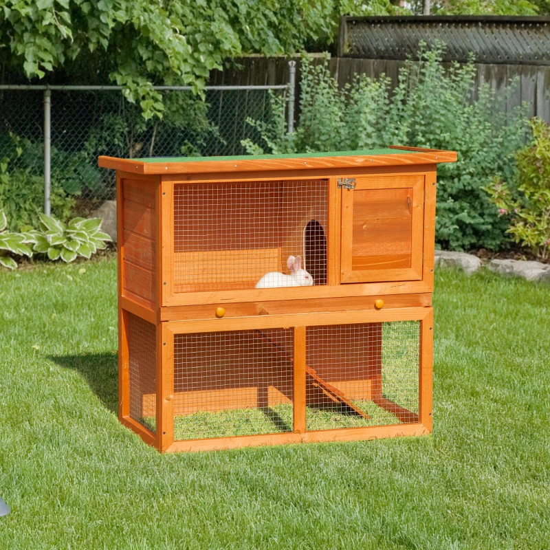 PawHut 2-Tier Rabbit Hutch Wooden Guinea Pig Hutch Double Decker Pet Cage Run with Sliding Tray