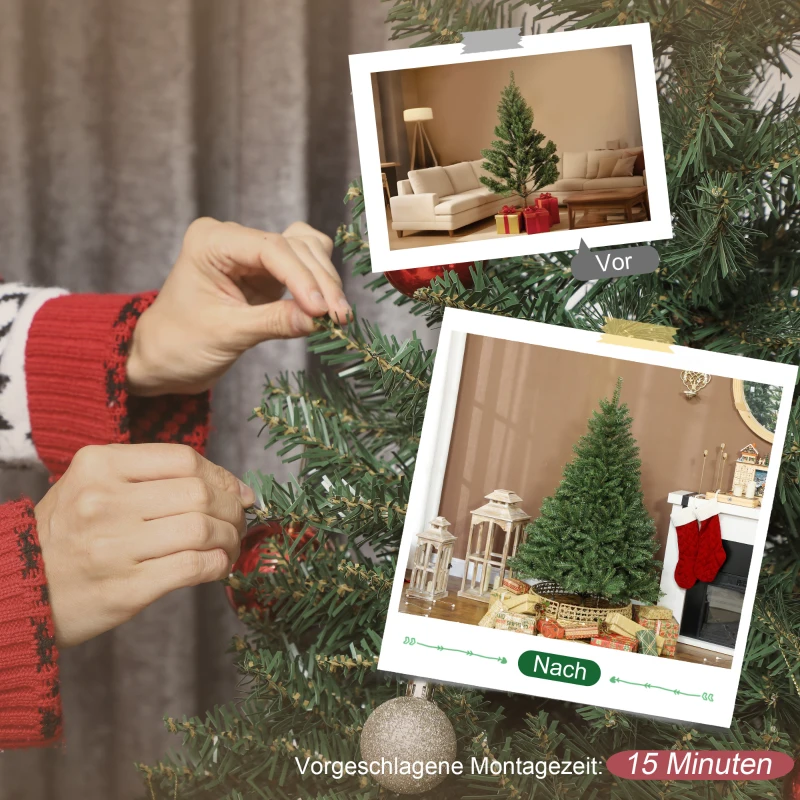 HOMCOM Kunstmatige Kerstboom, 150 cm, inklapbare takken, metalen standaard, veelzijdig, Groen