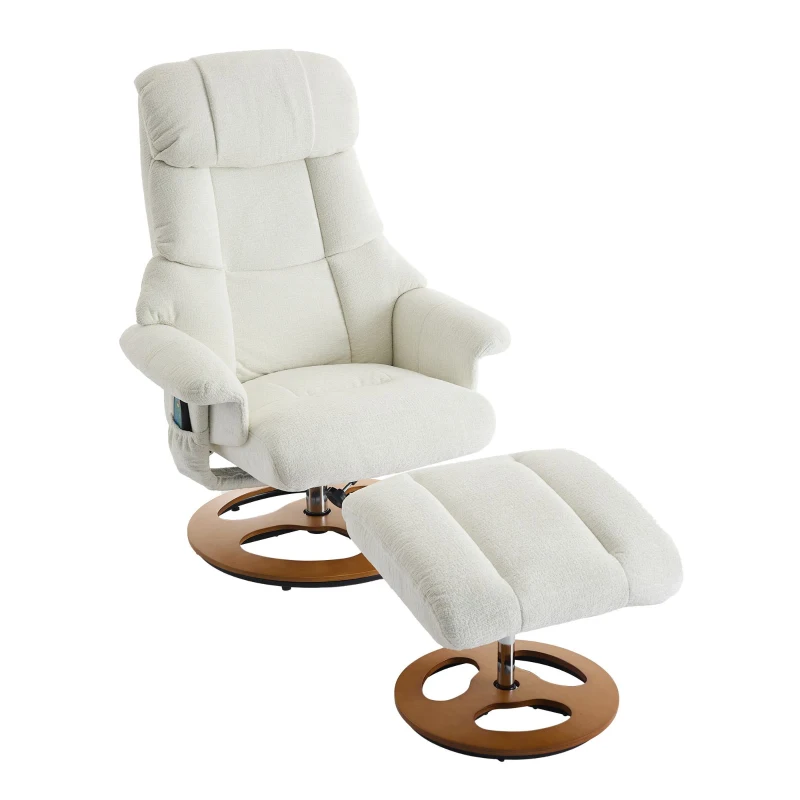Komfortabler Relaxsessel mit Massage- und Wärmefunktion, 360° drehbar, Liegefunktion & Hocker, Chenille-Stoff, 81x83,5x111 cm, Weiß