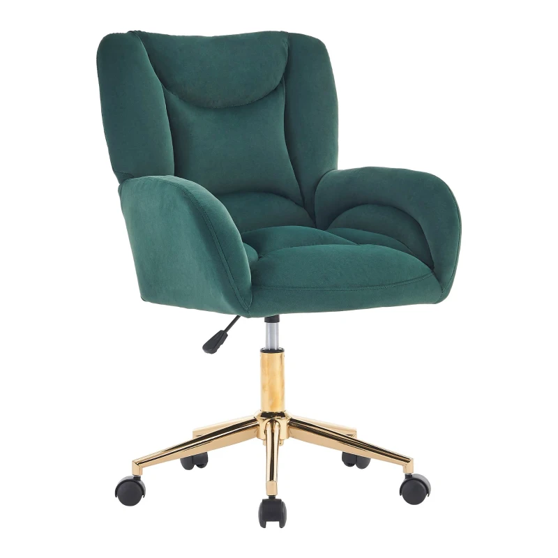 Höhenverstellbarer Drehstuhl, Samtstoff und goldenen Beinen, ergonomischem Design, für Büro, Schlafzimmer, 62x64x88-97 cm, Grün
