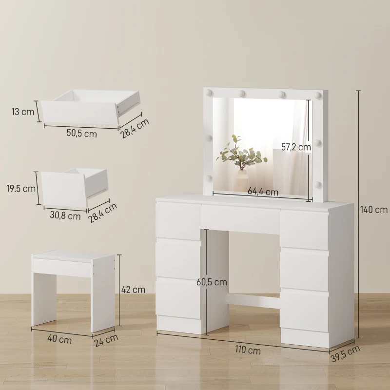HOMCOM Tocador de Maquillaje con Espejo Estilo Hollywood, 8 Luces LED, 7 Cajones y Taburete Acolchado, Blanco