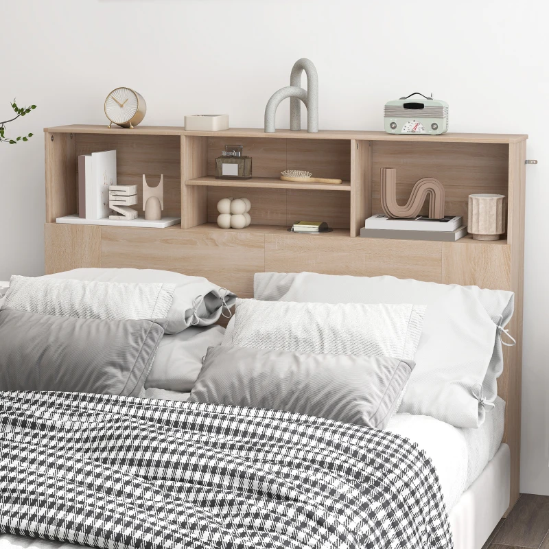 HOMCOM Cabecera de Cama Independiente con Almacenamiento, accesorio para cama 4 compartimentos abiertos, 140 x 19 x 103,5 cm, efecto madera natural