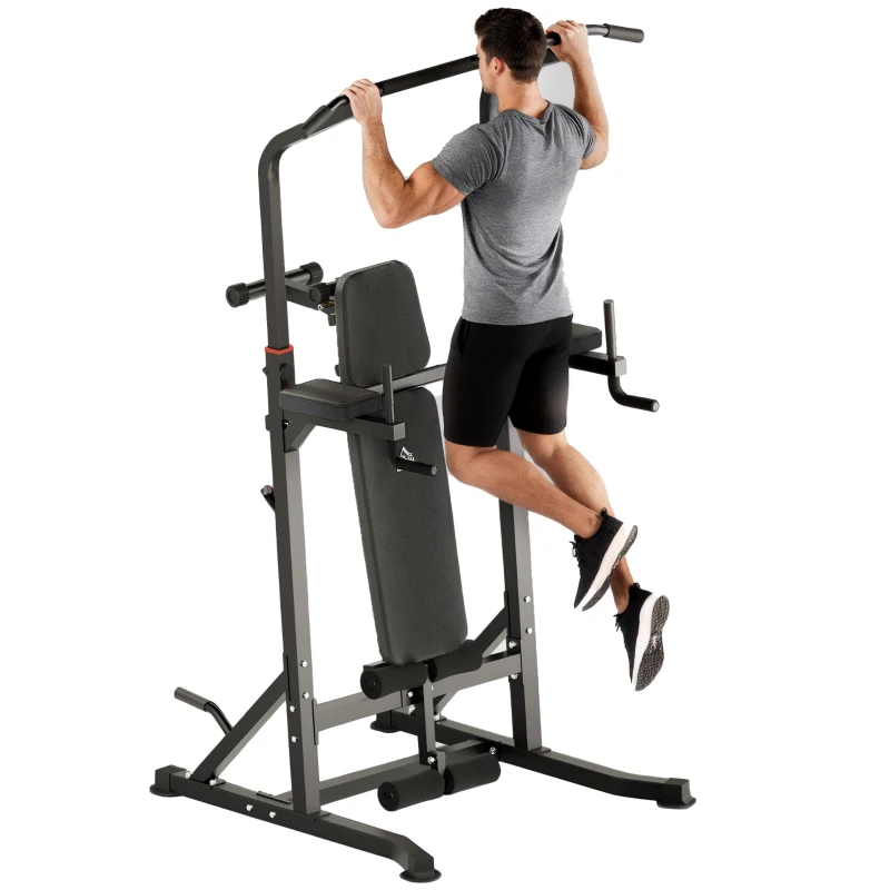 HOMCOM Station de musculation Fitness entrainement complet - barre de traction, à dips, banc de musculation pliable, poignées push-up - acier noir