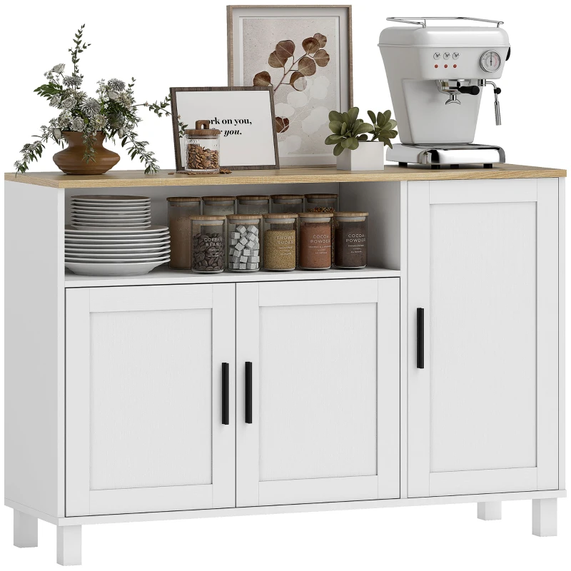 HOMCOM Kommode Küche mit gedämpften Türen, 2 Schränke und offenem Fach aus Holz, 110x33x75 cm, Weiß