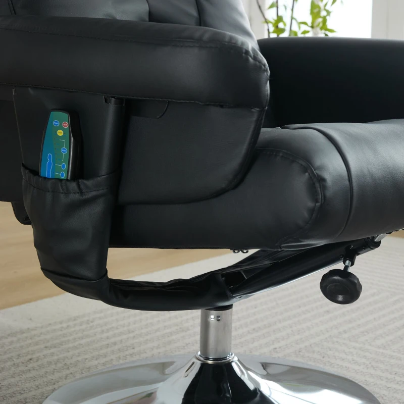 Poltrona relax, reclinabile e massaggiante a 5 punti, con funzione di riscaldamento elettrico e poggiapiedi, girevole a 360°, in tessuto PU, 75x76x103 cm, Nero