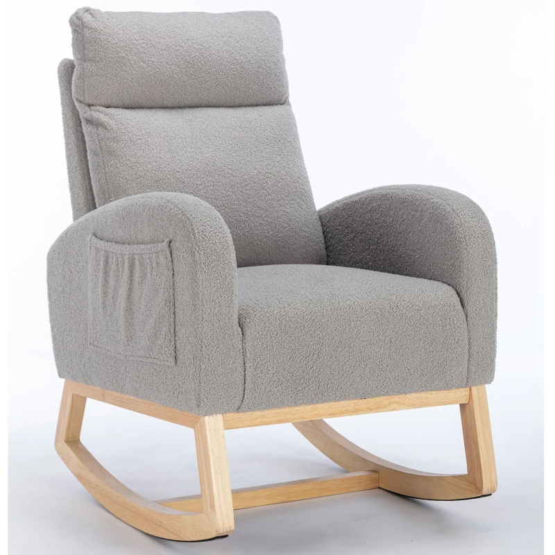 Moderner Schaukelstuhl aus Teddy-Stoff, mit gepolsterter Sitzfläche und versteckter Seitentasche, für Wohnzimmer und Schlafzimmer, 71x88x104,5 cm, Hellgrau