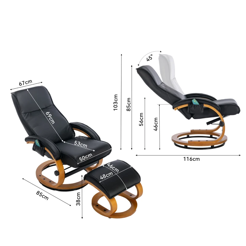Poltrona massaggiante a 5 punti con base in legno curvato e rivestita in pelle PU, 67x85x103 cm, Nero