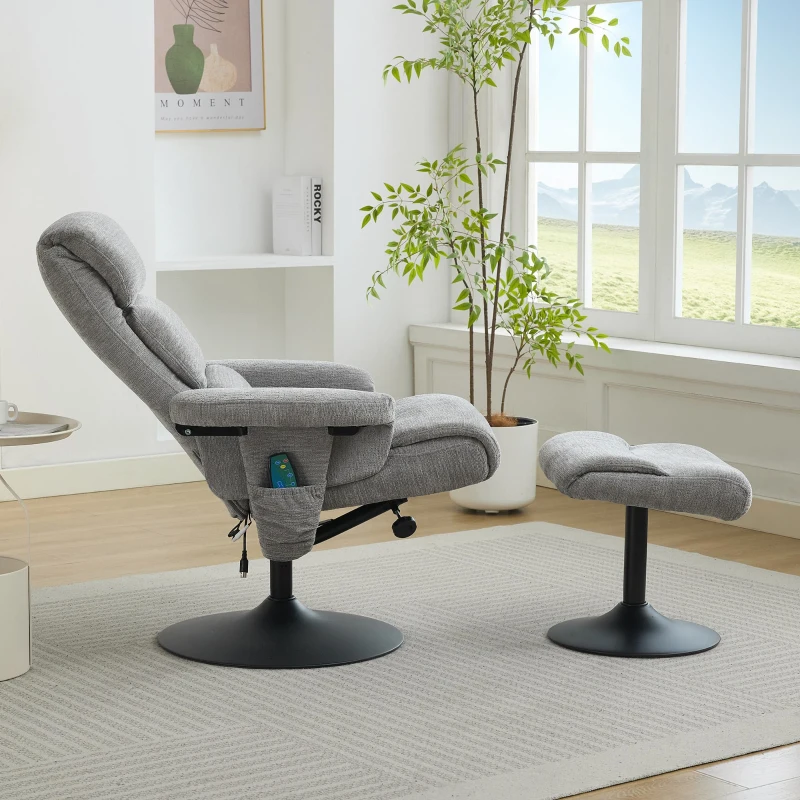 Fotoliu de relaxare cu funcție de înclinare și masaj în 5 puncte, fotoliu TV cu funcție de încălzire electrică și taburet, rotativ 360°, material chenille, 75,5x77x100 cm, Gri