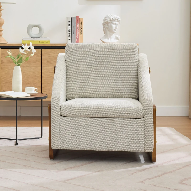 Fauteuil au style moderne pour salon, avec accoudoirs en bois et coussin de dossier, tissu chenille, 73,5x73,5x73,5 cm, Beige