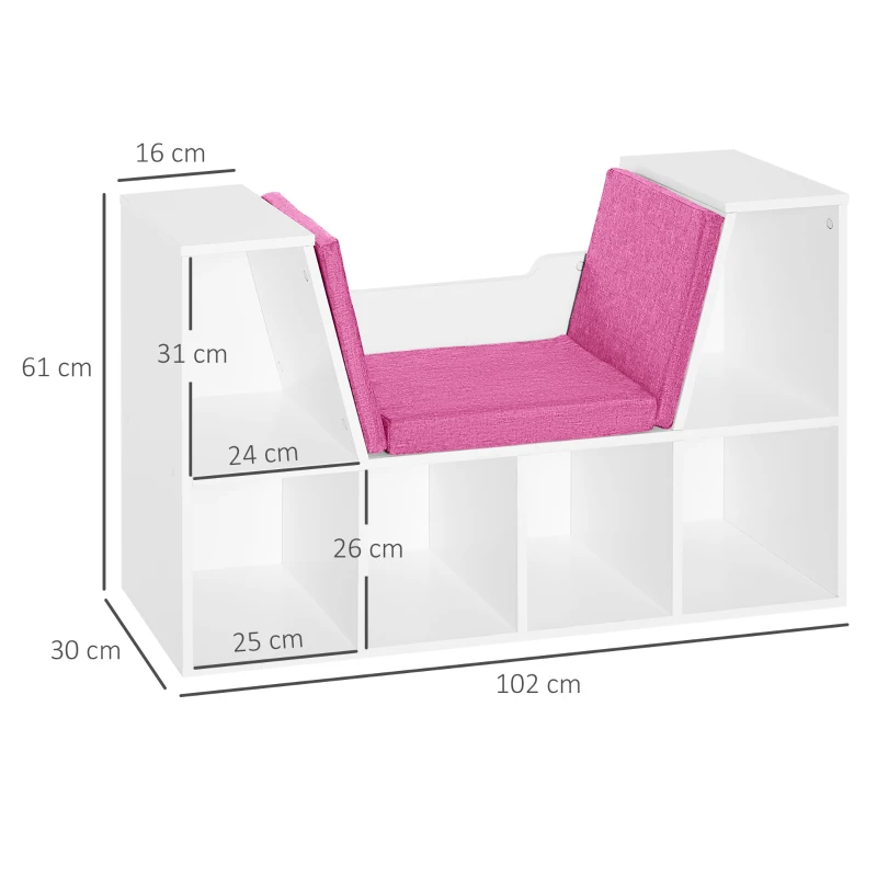 HOMCOM Estante Infantil com Assento Estante com 6 Cubos e Banco com Almofada 102x30x61cm Branco e Rosa