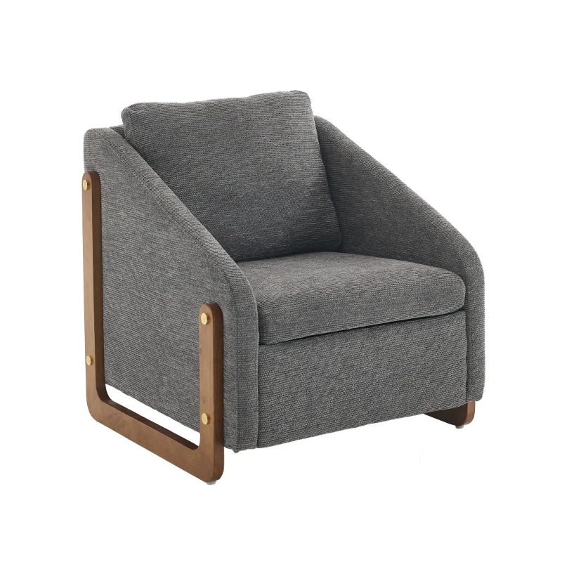 Moderner Akzentstuhl für Wohnzimmer, Loungesessel mit Holzarmlehnen und Rückenkissen, Chenillestoff, 73,5x73,5x73,5 cm, Grau
