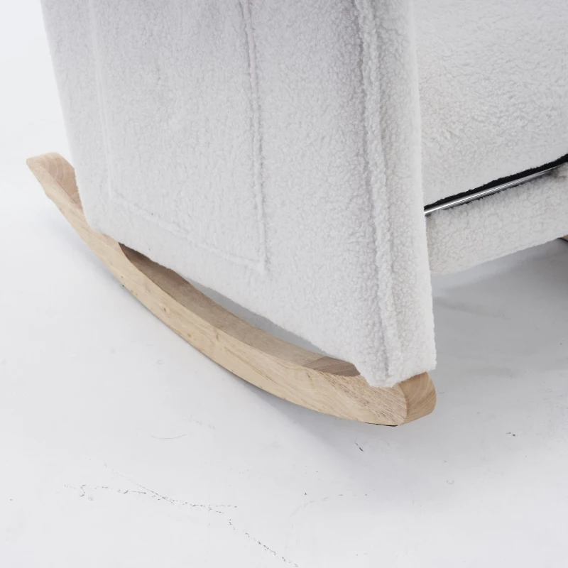 Scaun balansoar cu taburet, fotoliu de relaxare cu spătar înalt, material Teddy, 67x96-127x96 cm, Alb