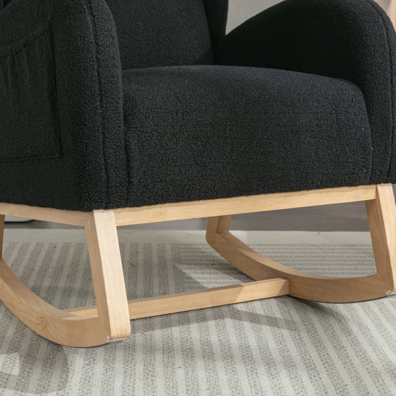 Fauteuil à bascule moderne avec revêtement en tissu Teddy, fauteuil à oreilles avec design ergonomique à dossier en aile, pour salon et chambre, 71x96,5x101 cm, Noir