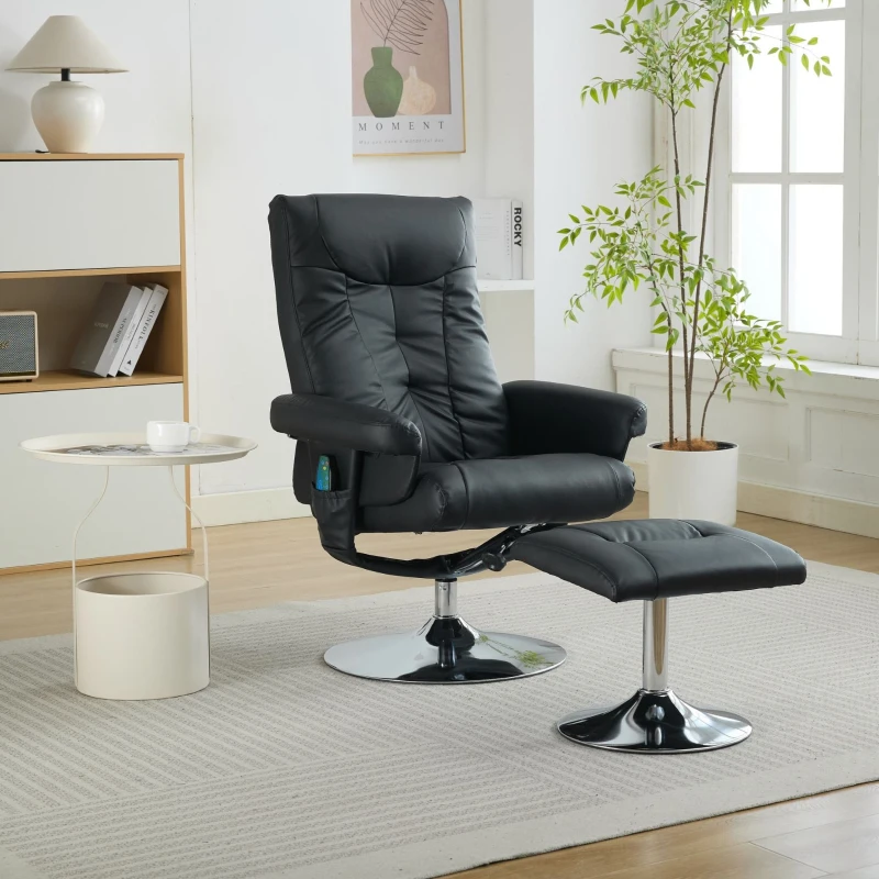 Fauteuil relax avec fonction d'inclinaison et massage à 5 points, fauteuil TV avec fonction de chauffage électrique et repose-pieds, pivotant à 360°, tissu PU, 75x76x103 cm, Noir